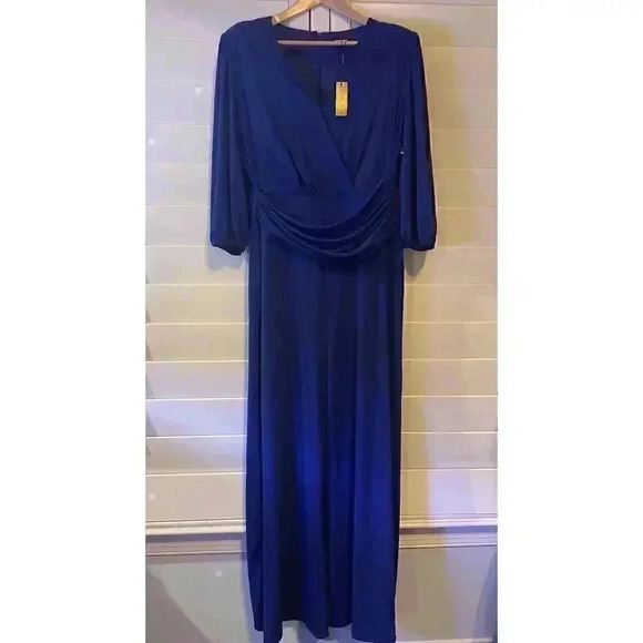 ALEXIA ADMOR Jumpsuit XL 16 18 Royal Blue Wide Leg Flare V Neck Ruched Romper - Picture 4 of 13